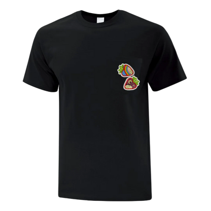 Black t-shirt with colorful strawberry design