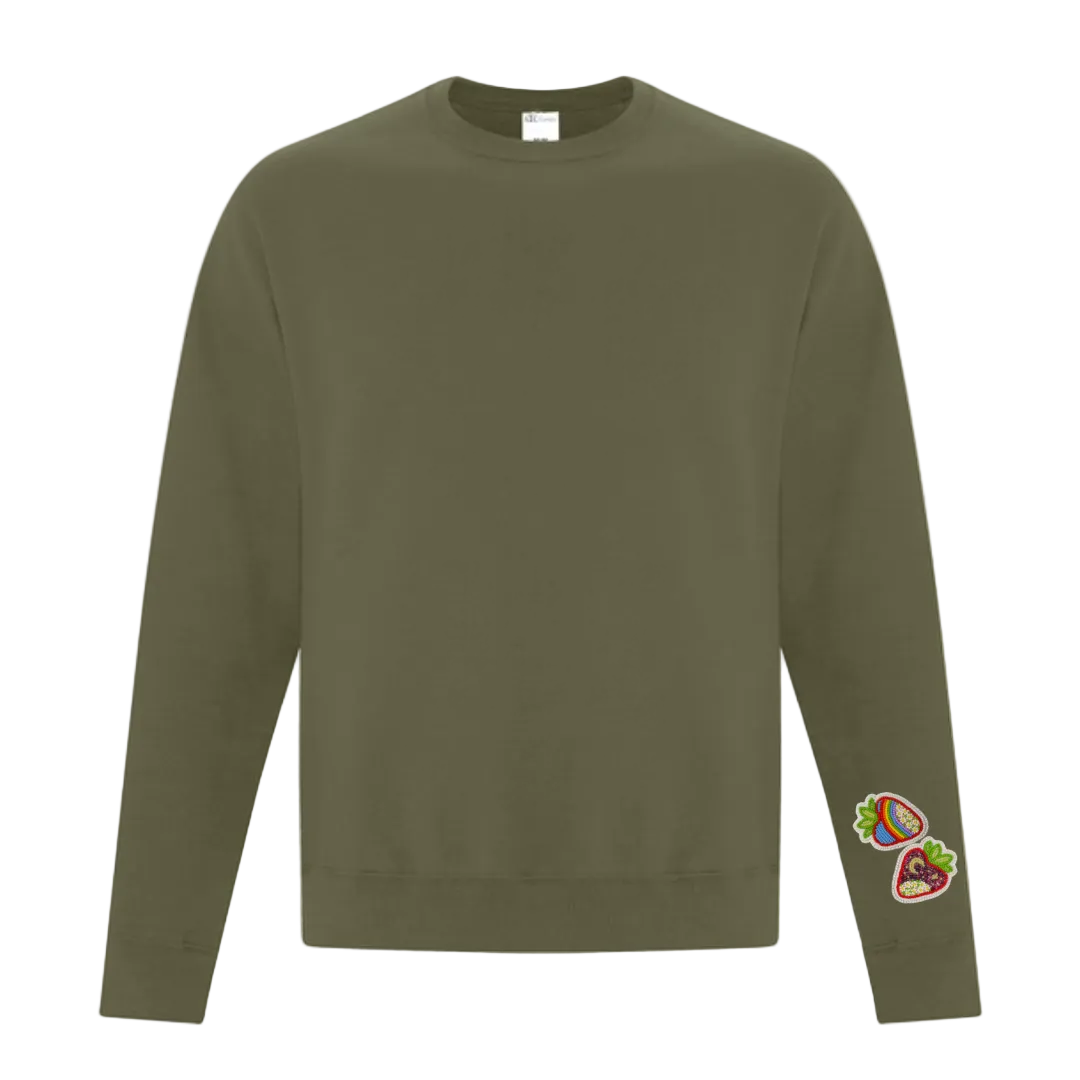 Army Green sweatshirt with colorful patches on left sleeve