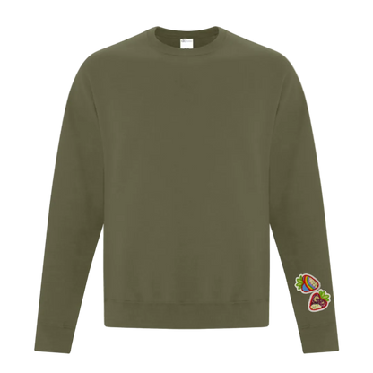 Army Green sweatshirt with colorful patches on left sleeve