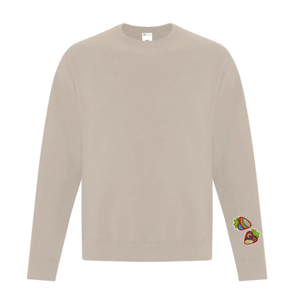 Sand Colored crewneck sweater with strawberry graphic on left sleeve near cuff 