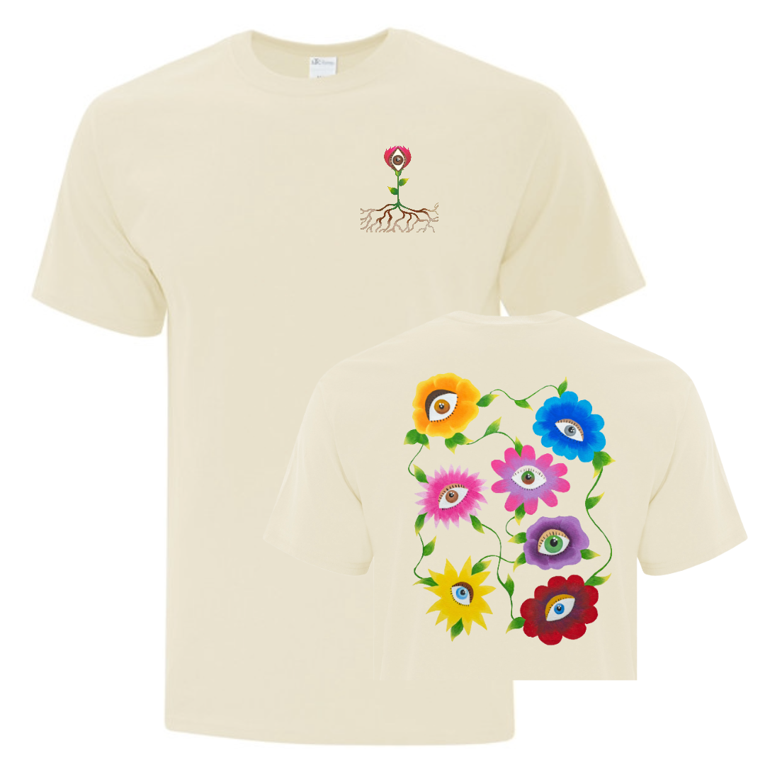 Two cream-colored t-shirts with floral designs