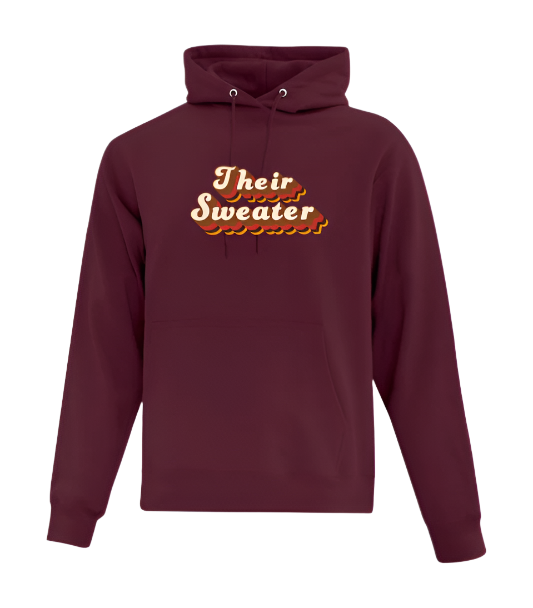Maroon hoodie with 'Their Sweater' text 