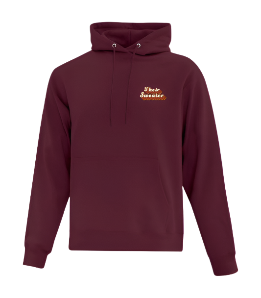 Maroon sweater with text that says "Their Sweater" on left chest