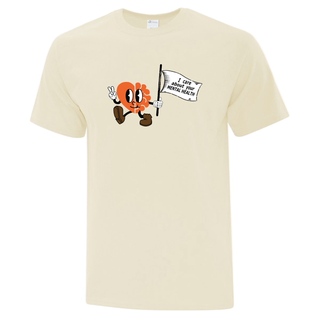 Beige t-shirt with cartoon character and text that says "I Care About Your Mental Health"