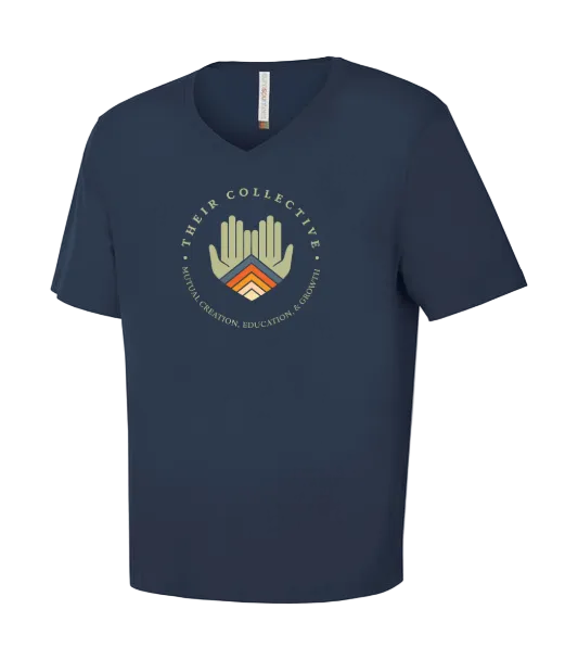 Navy blue vneck t-shirt with Their Collective Logo