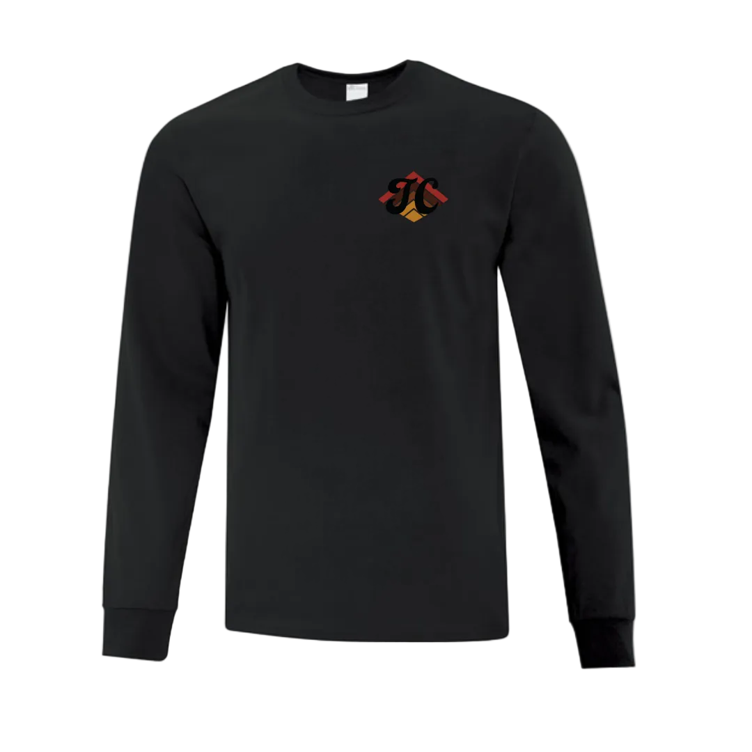 Black long-sleeve shirt with a TC colorful logo on the chest 
