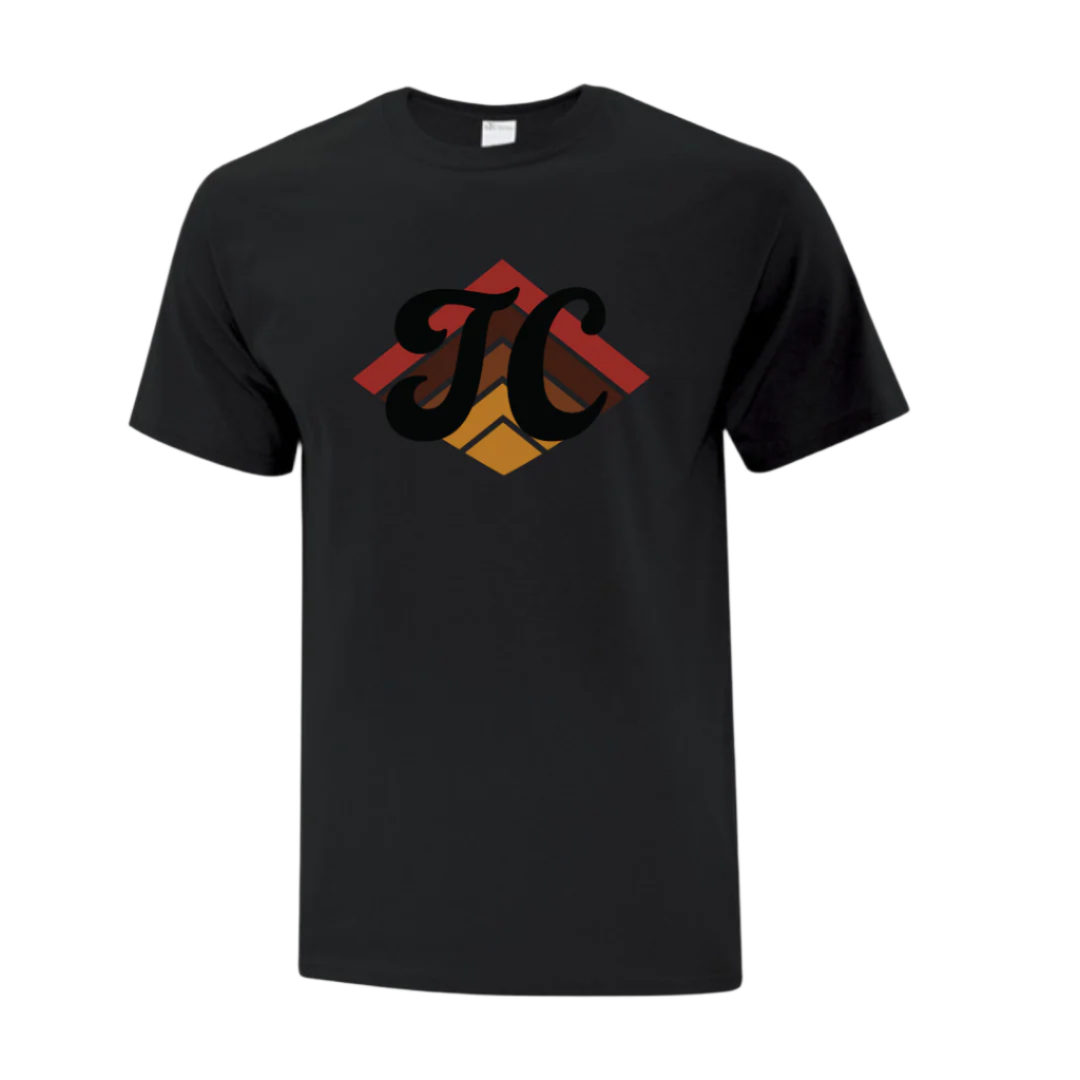 Black t-shirt with a colorful logo "TC"