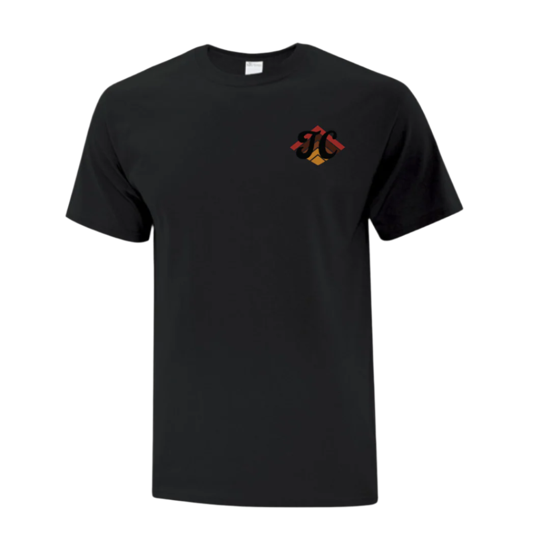 Black t-shirt with a colorful logo. Logo says "TC"