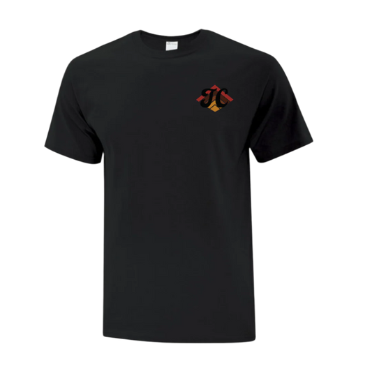 Black t-shirt with a colorful logo. Logo says "TC"