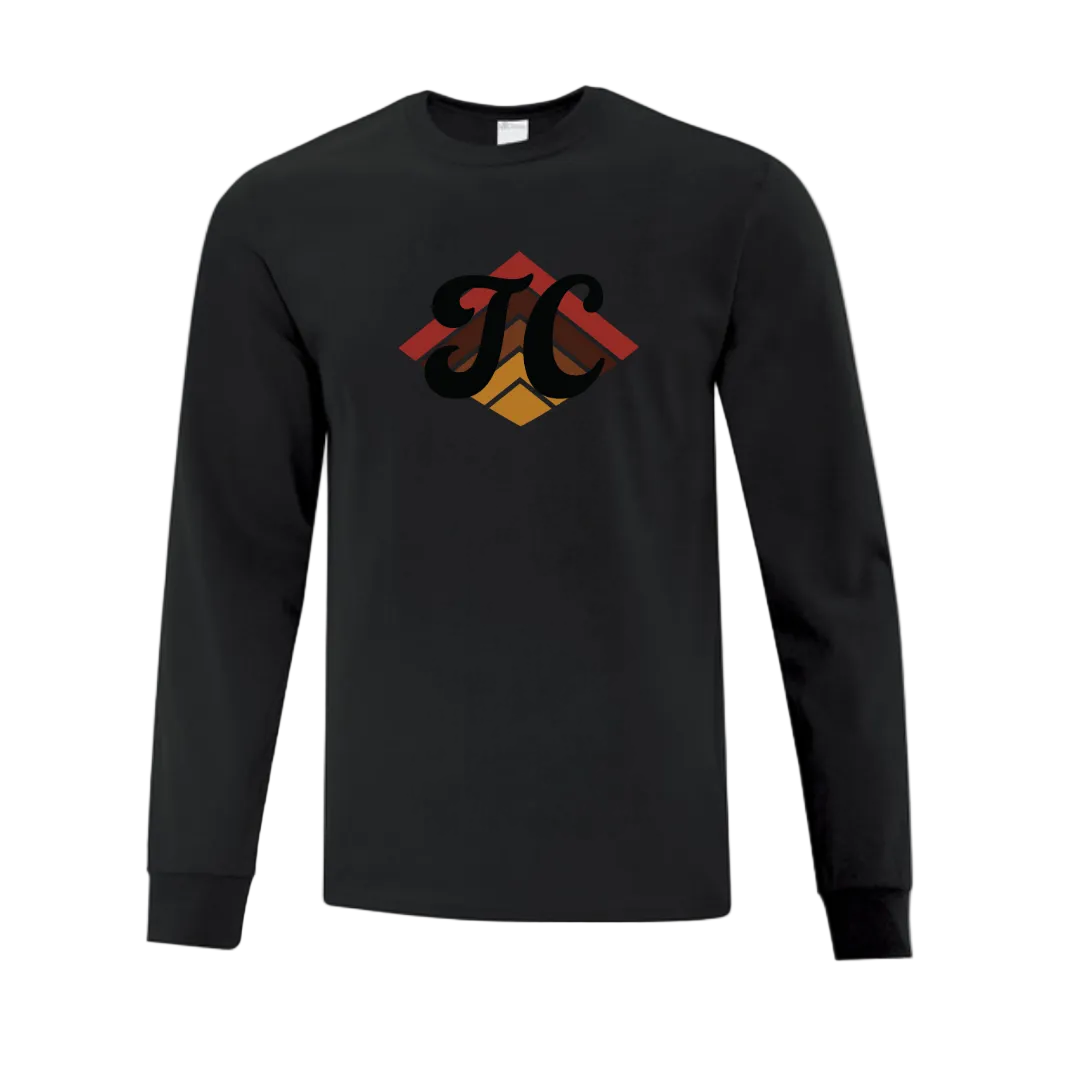 Black long-sleeve shirt with a Their Collective "TC" colorful logo 