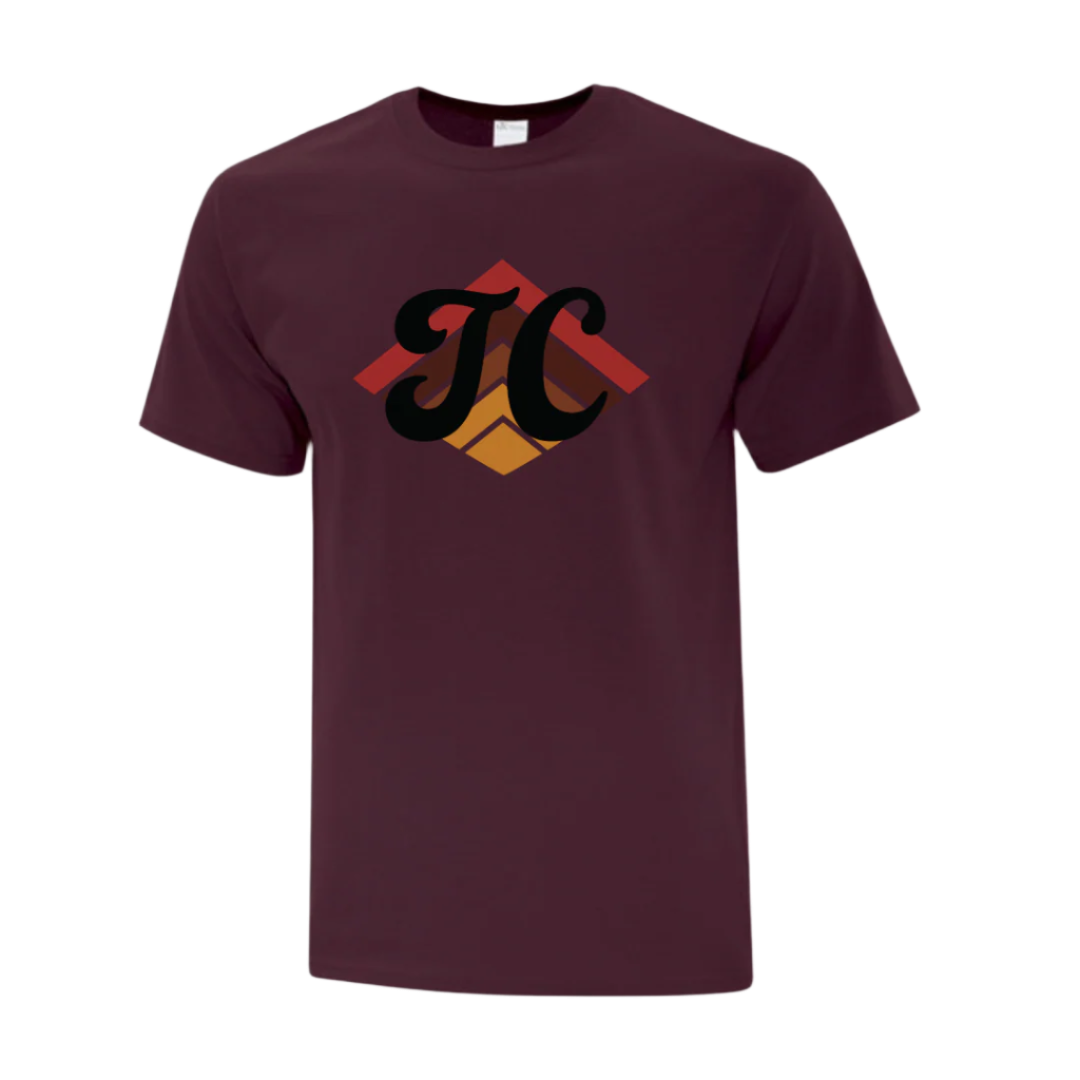 Maroon t-shirt with 'TC' logo 