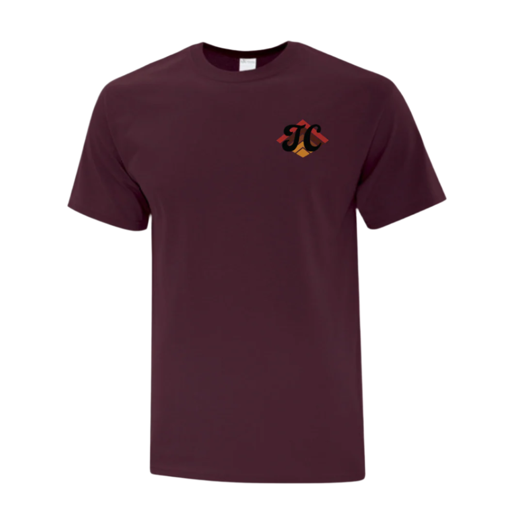 Maroon t-shirt with a "TC" logo on the chest