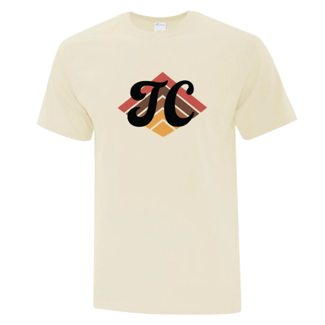Natural color t-shirt with a retro-style "TC" logo 