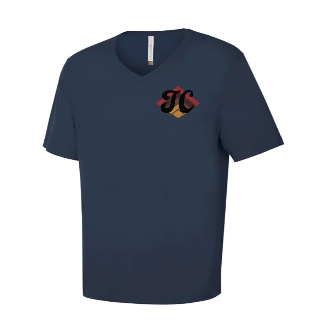 Navy blue vneck t-shirt with a Their Collective "TC" colorful logo on the chest 