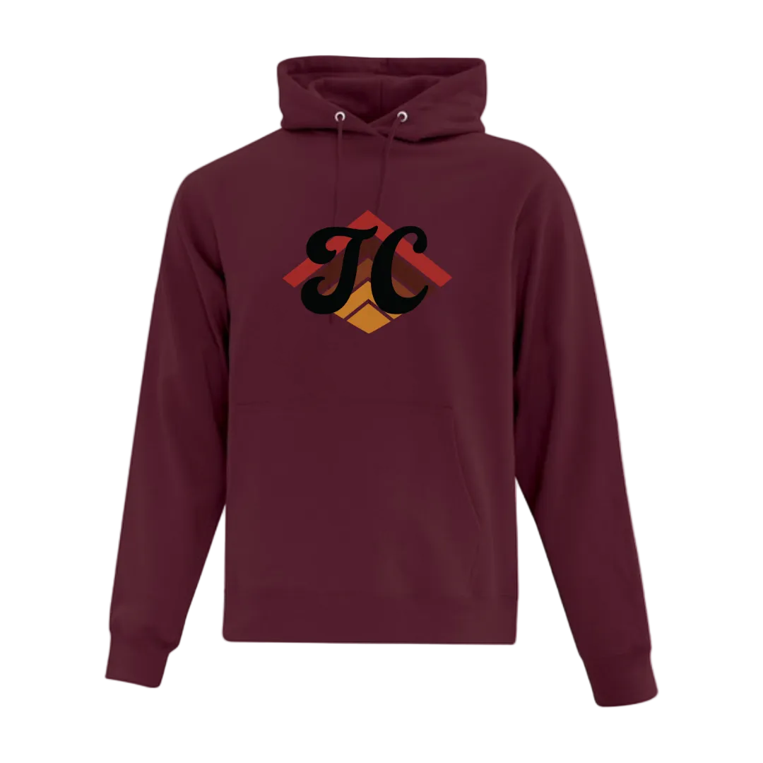 Maroon hoodie with 'TC' logo 