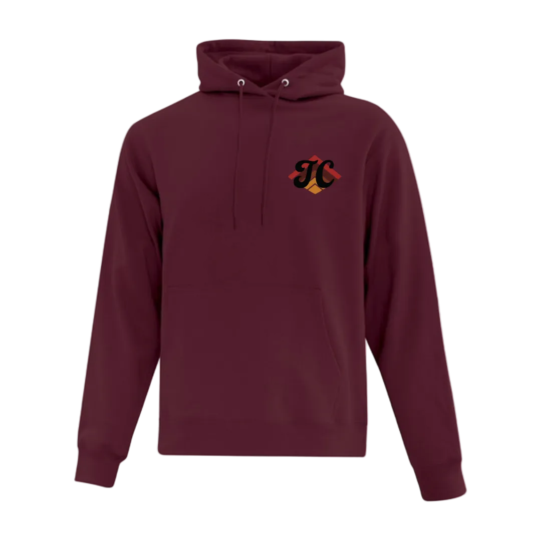 Maroon hoodie with a Their Collective "TC" logo on the chest 