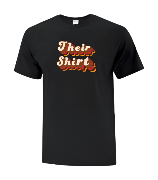 Black t-shirt with 'Their Shirt' text in red and yellow