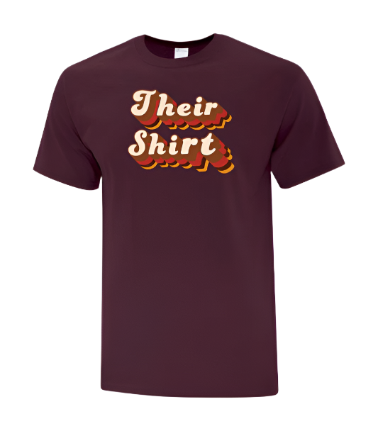 Maroon t-shirt with 'Their Shirt' text in red and yellow