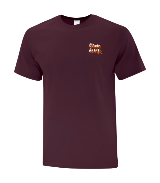 Maroon t-shirt with 'Their Shirt' text on left chest.