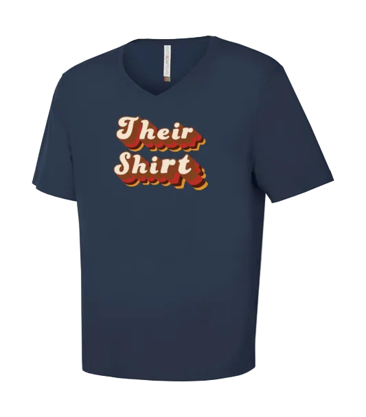 Navy blue t-shirt with 'Their Shirt' text in red and yellow